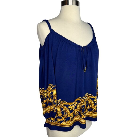 Vintage Cache Blue & Gold Baroque Pattern Cold Shoulder Blouse Size Medium - Picture 10 of 10